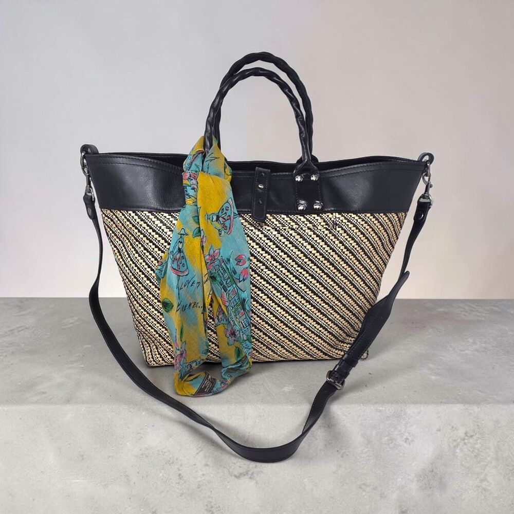 Patricia Nash Woven Raffia Emilion Large Tote Natural Black Leather Bag & Scarf
